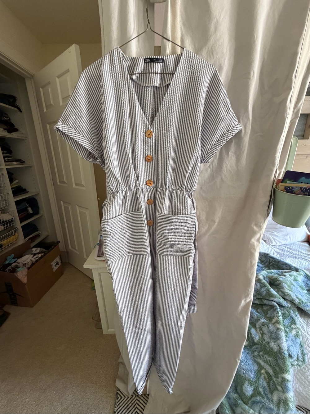 Zara Navy and White Striped Button-Front Jumpsuit